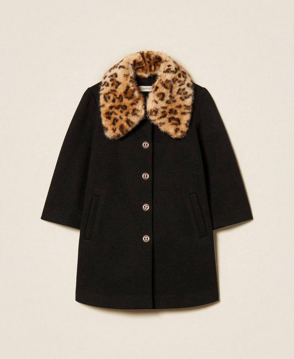 Girls' wool coat with animal print collar TWINSET